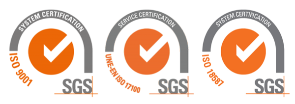 Sellos de certificación ISO 9001, UNE-EN ISO 17100 e ISO 18587